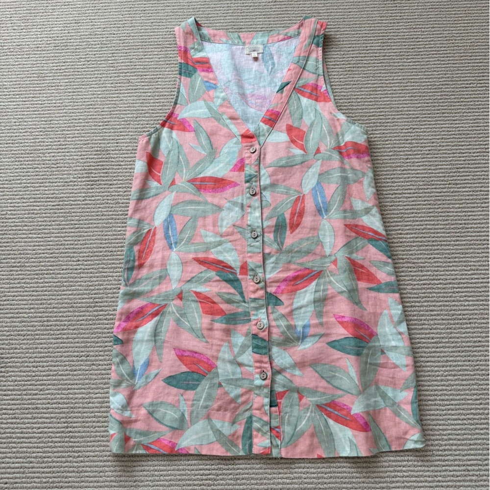 Faherty Floral Linen Shirt in Coral & Sage Leaves